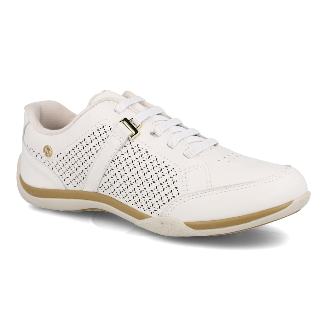 Vista lateral do tênis Kolosh feminino off white com detalhes em relevo e sola com borda dourada